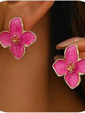 NEW Pink & Gold Flowered Earrings Floral Statement Trendy Elegant Luxury Fashion